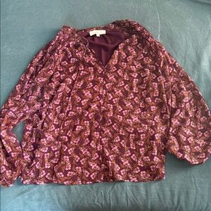 LOFT Burgundy Floral V-Neck Long Sleeve Blouse